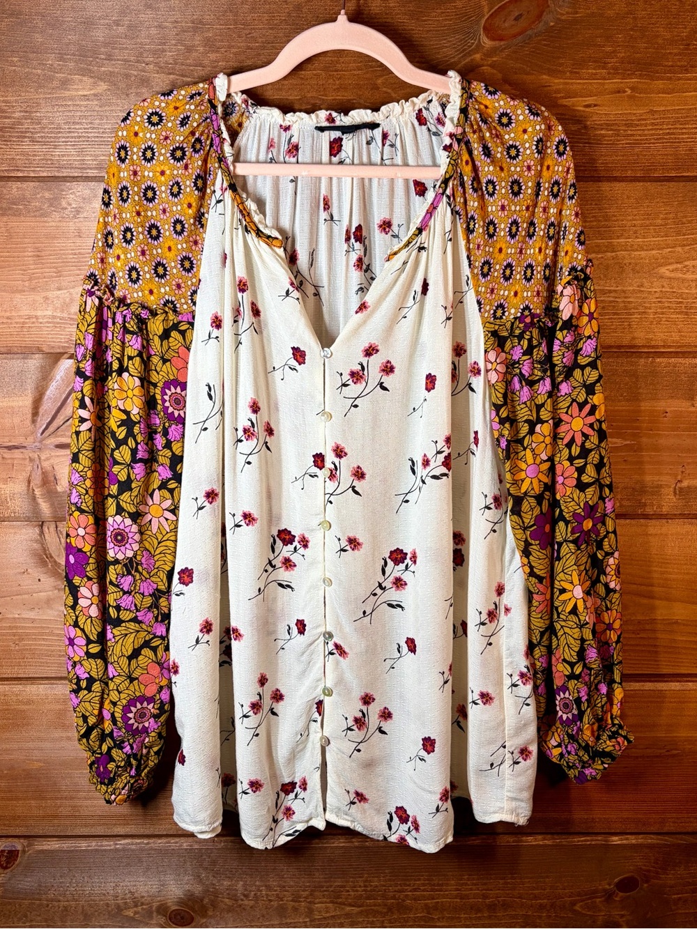 Jane & Delancey Boho Mixed Floral Button Front Peasant Blouse Balloon Sleeves L